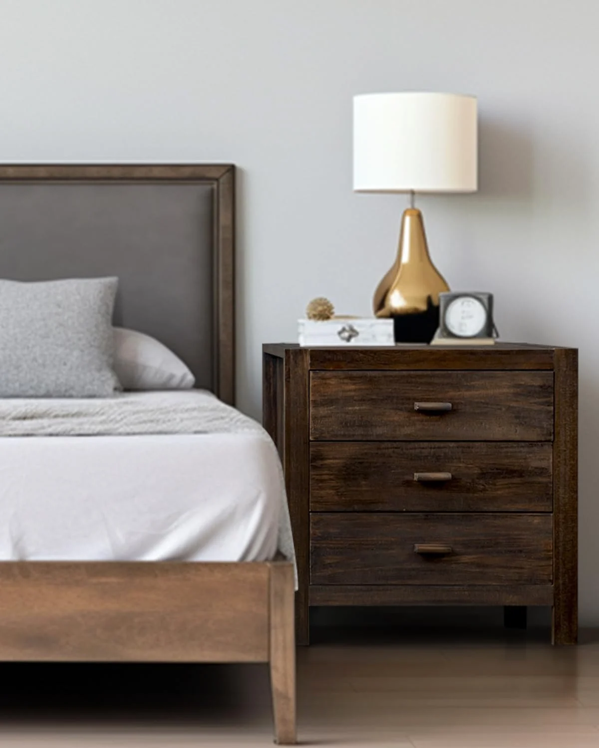 Karl Home Three-Drawer Farmhouse Nightstand with USB in a room
