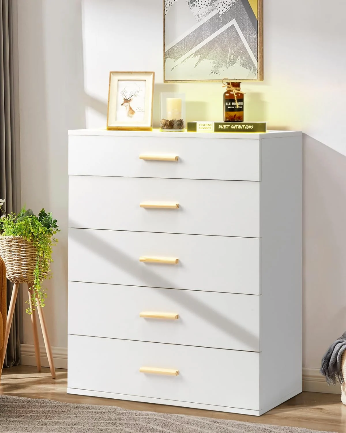 Karl Home Five-Drawer Nightstand with Jewelry Trays and LED Lights in a room