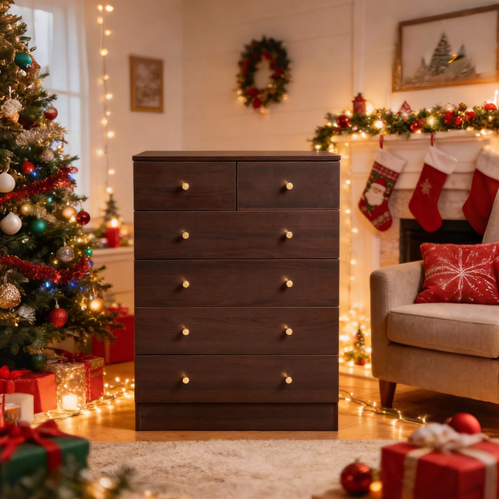 Karl Home Six-Drawer Chest in Brown in a room