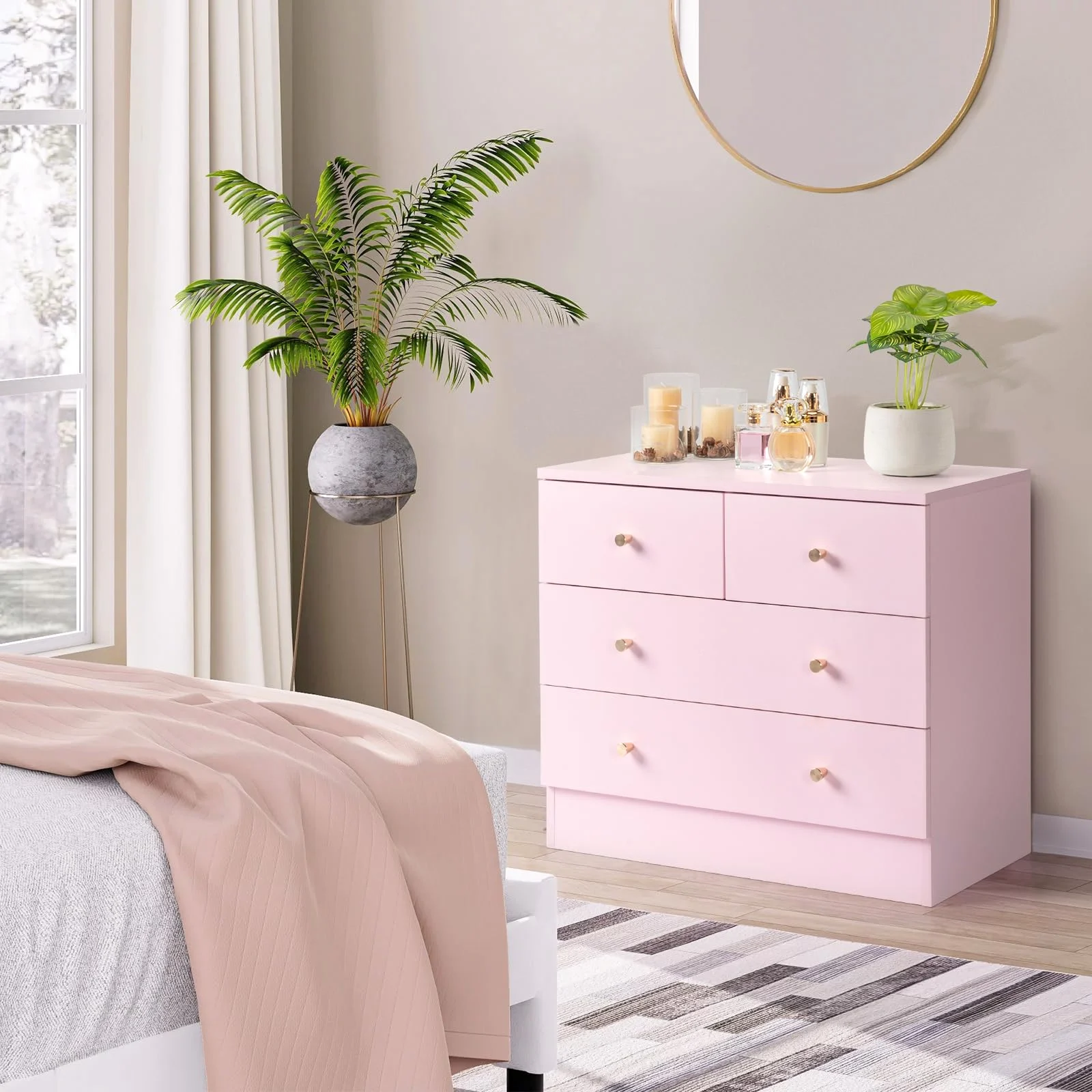 A chest of drawers beside the bed: the piece to anchor before the first drawer is filled.
