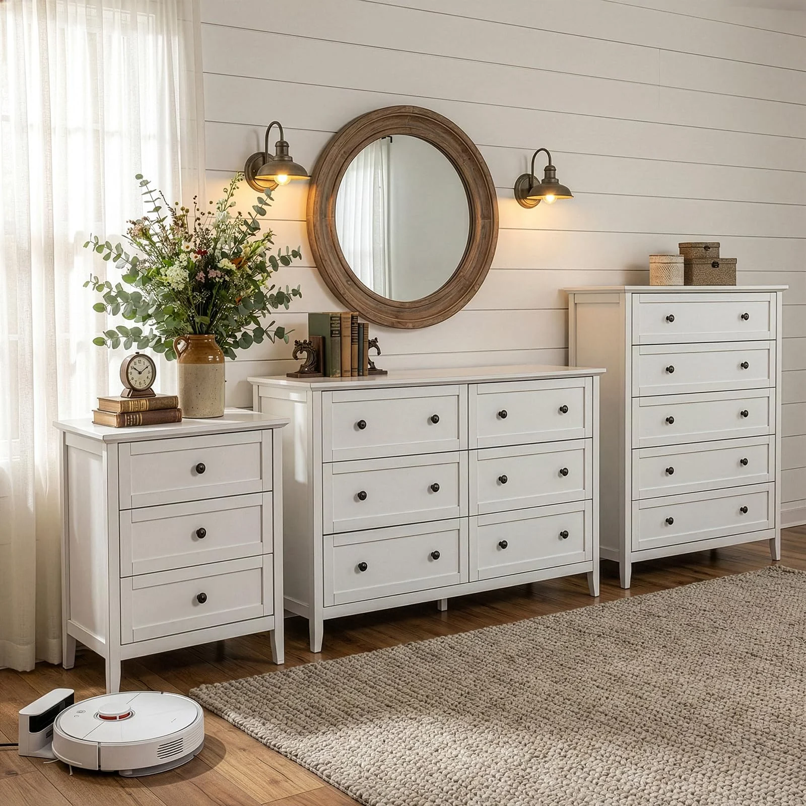 Karl Home Farmhouse Nightstand with Charging Station in a room
