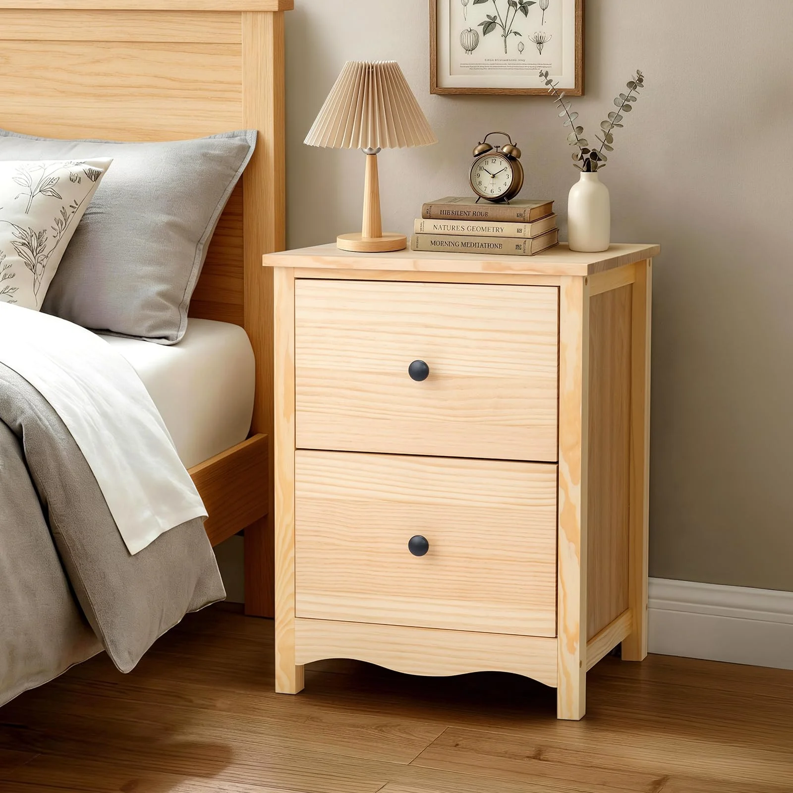Karl Home Two-Drawer Farmhouse Nightstand in a room