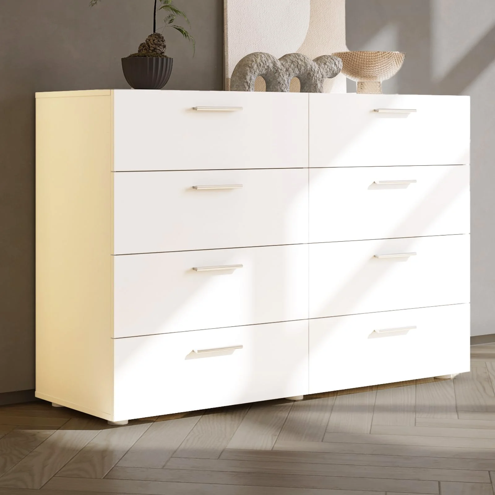 Karl Home Wide Eight-Drawer Dresser in White, 47 Inch in a room