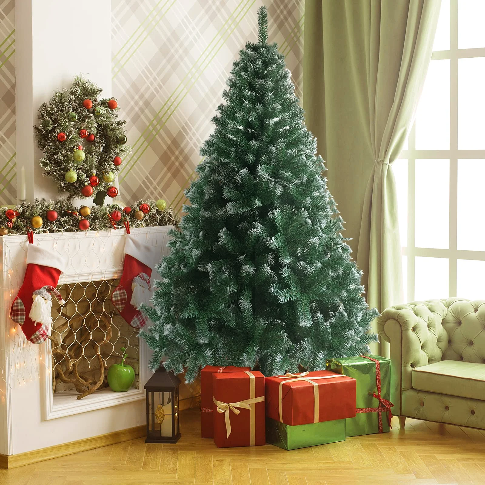 Karl Home Partly Flocked Spruce Christmas Tree, 6 Feet in a room