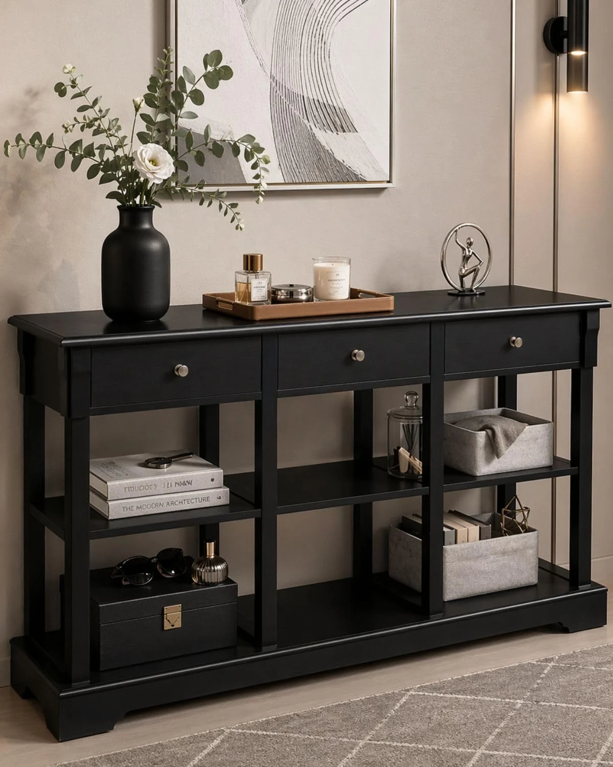 Karl Home Entryway Table with Six Cubes, 58 Inch in a room