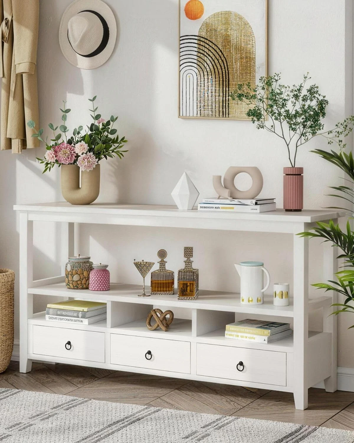 Karl Home Console Table with Drawers and Cubes in a room