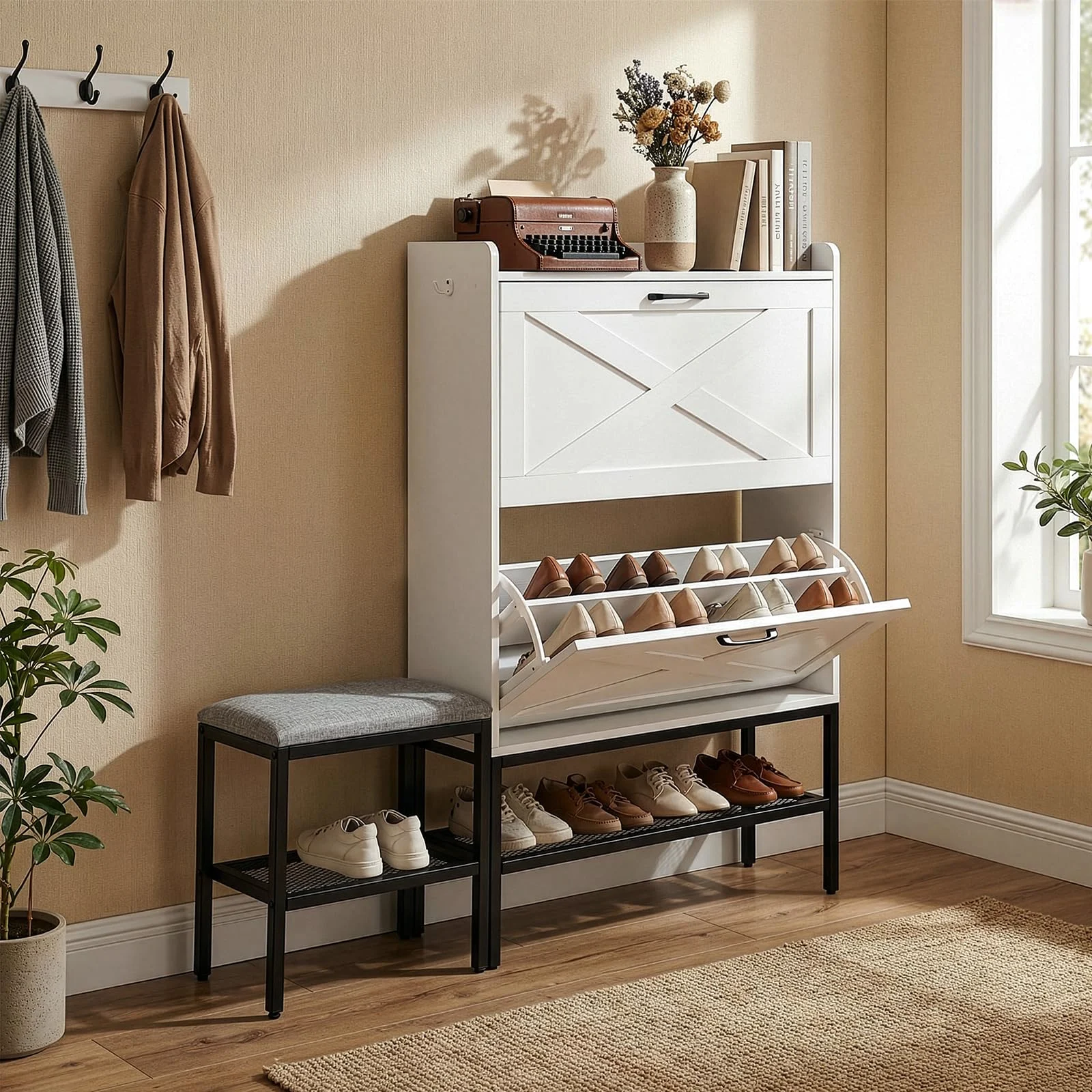 Karl Home Farmhouse Shoe Cabinet with Bench in a room