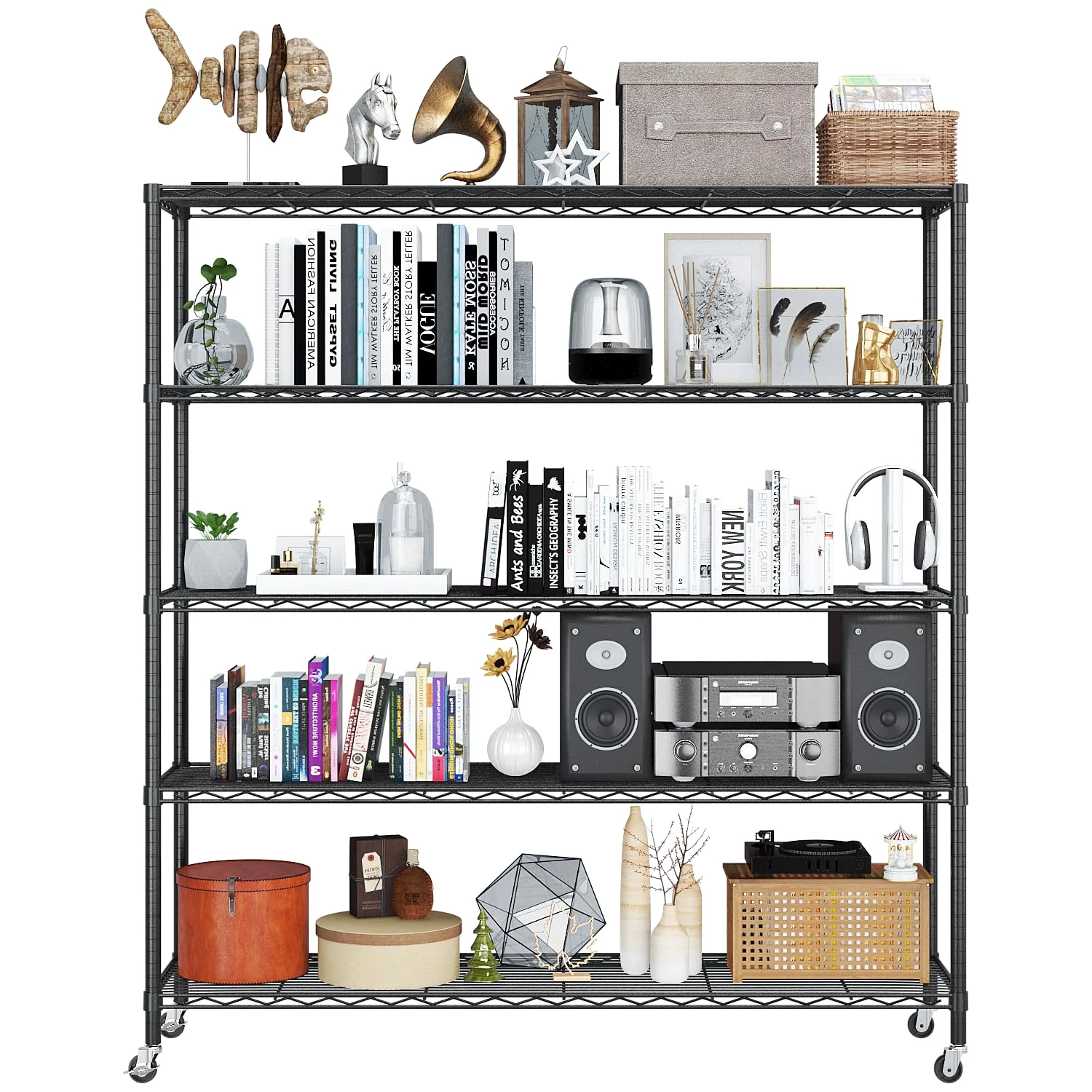 Karl Home Five-Tier Metal Shelving on Wheels, 46 Inch