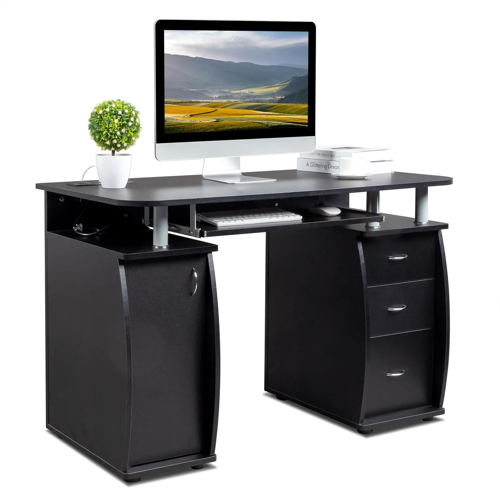 Karl Home Computer Desk with Keyboard Tray and Power Strip