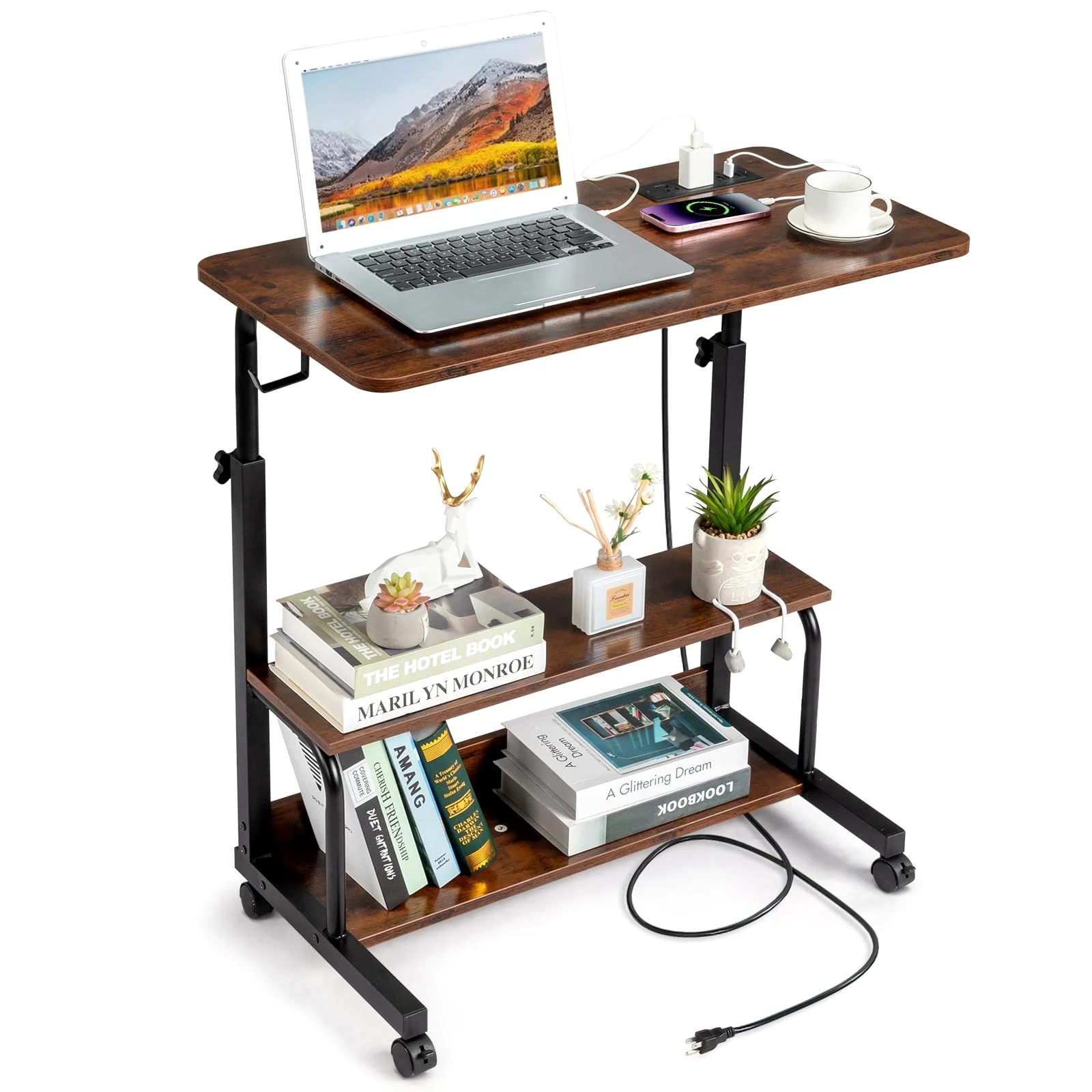 Karl Home C-Shaped Rolling Desk with Outlets, 31.5 Inch
