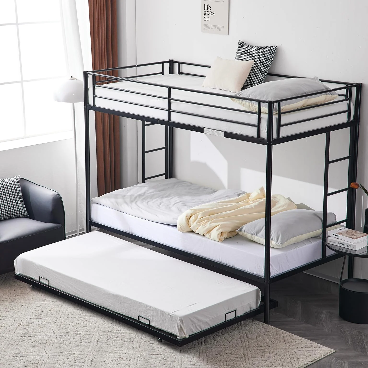 Karl Home Metal Twin Bunk Bed with Trundle in a room