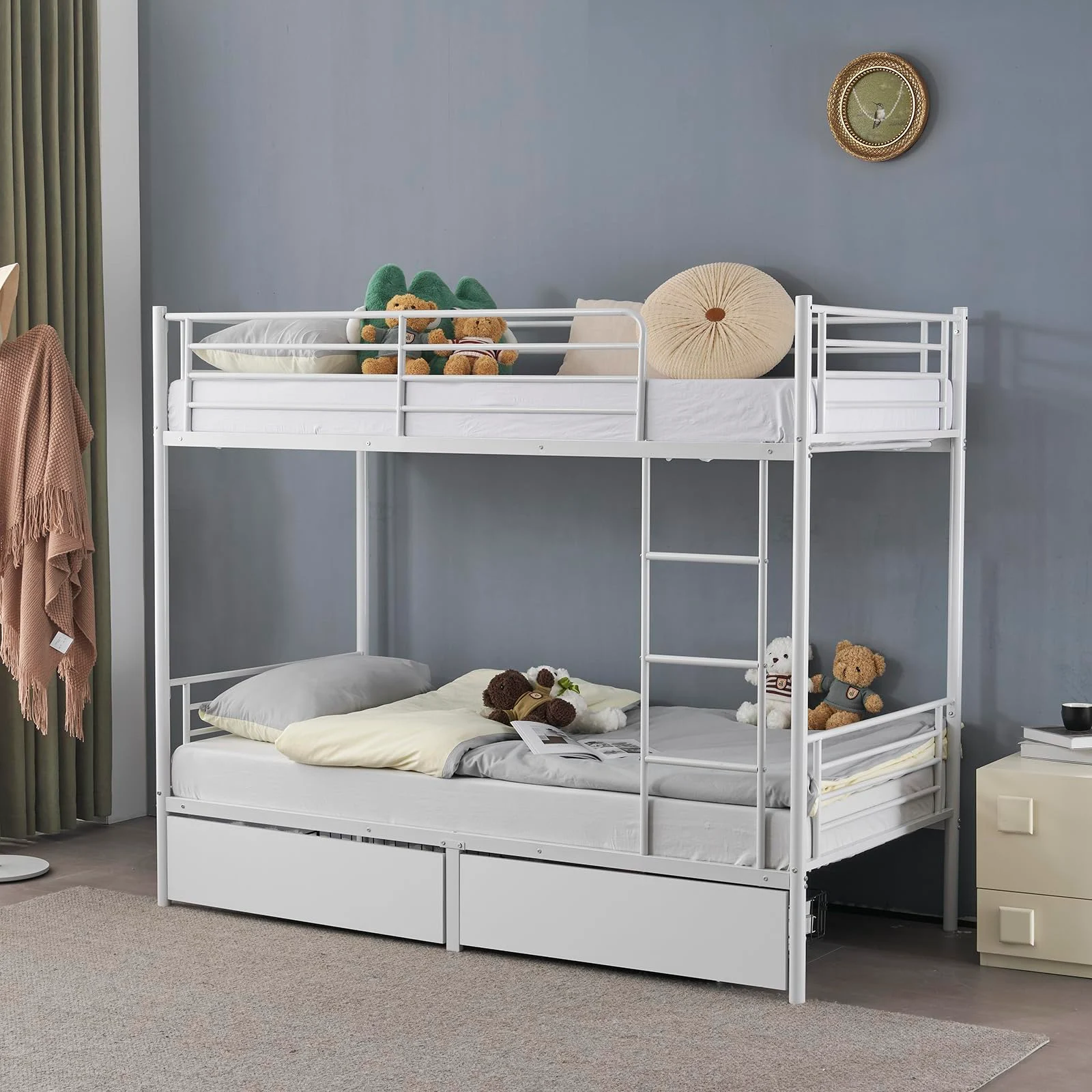 Karl Home Metal Twin Bunk Bed with Rolling Drawers in a room