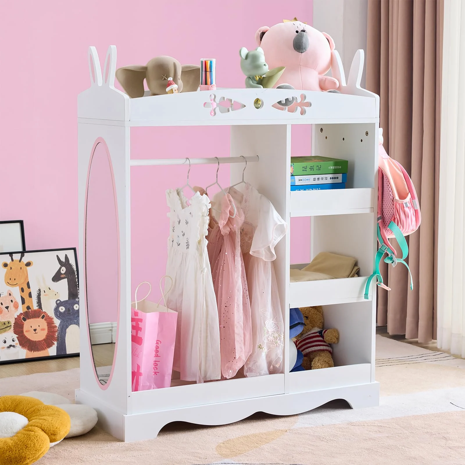 Karl Home Kids Dress-Up Storage with Mirror in White in a room