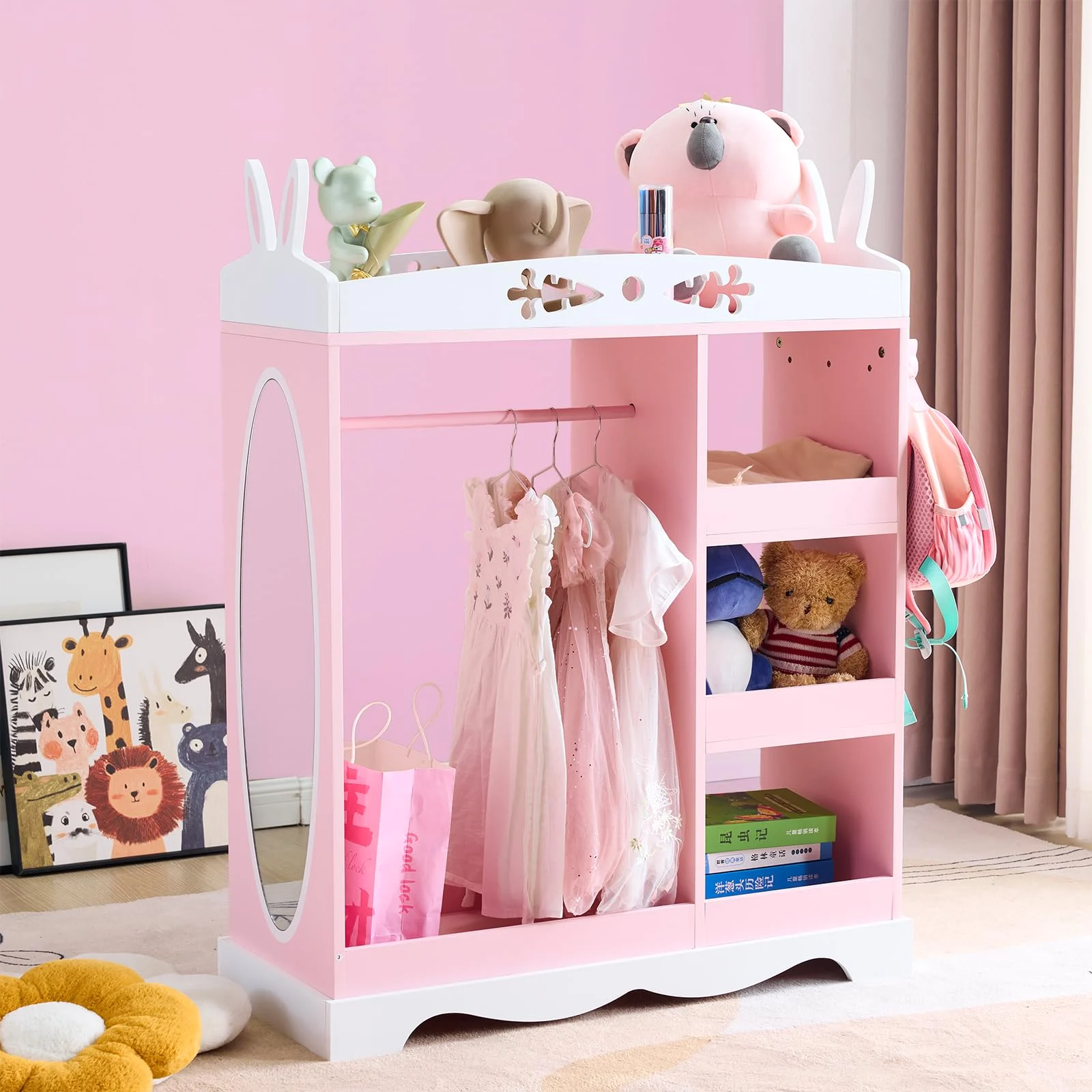 Karl Home Kids Dress-Up Storage with Mirror in Pink in a room