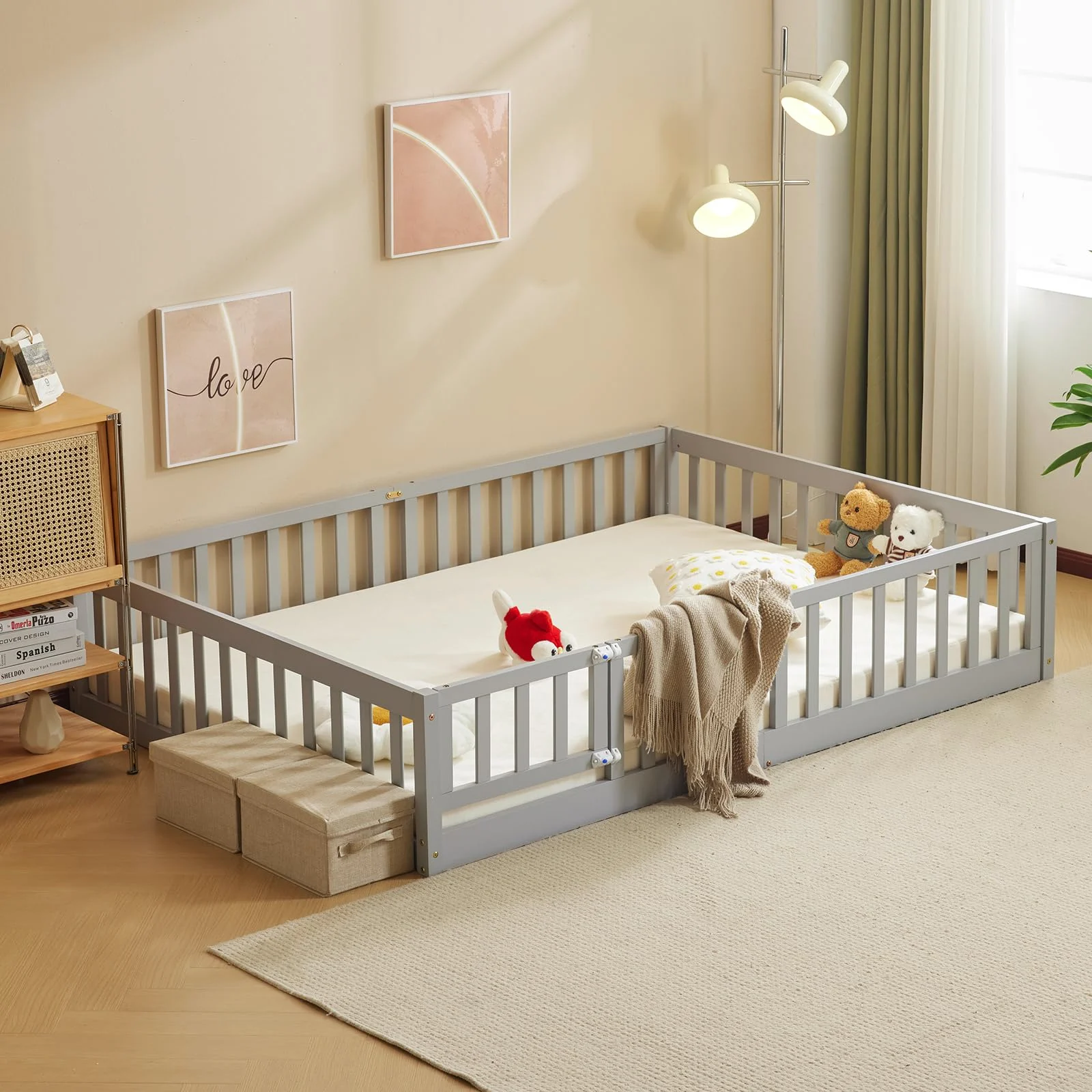 Karl Home Toddler Floor Bed with Fence and Door, Full in a room