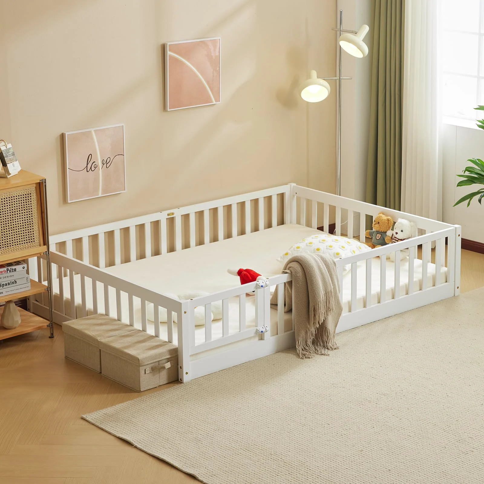 Karl Home Toddler Floor Bed with Fence and Door, Queen in a room