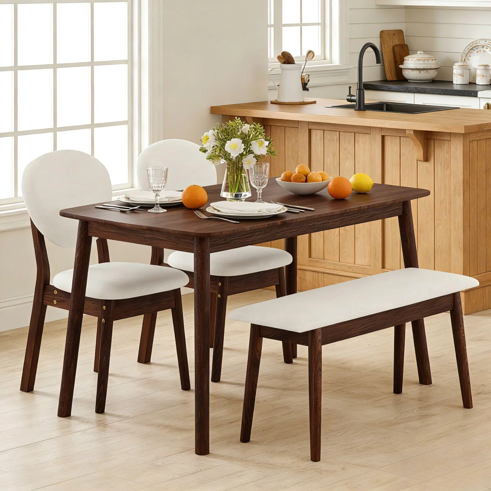 Karl Home Farmhouse Dining Set with Bench, Four Pieces in a room