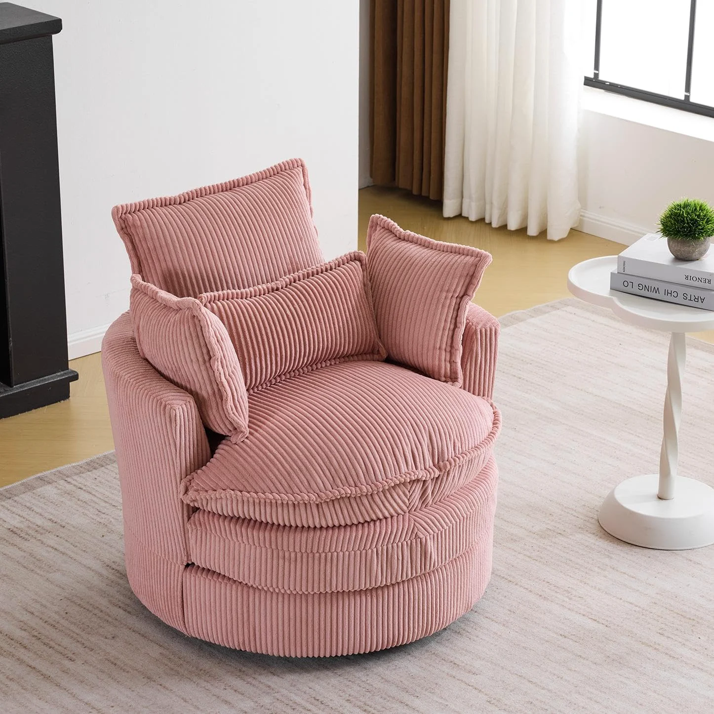 Karl Home Corduroy Swivel Barrel Chair with Three Pillows in a room
