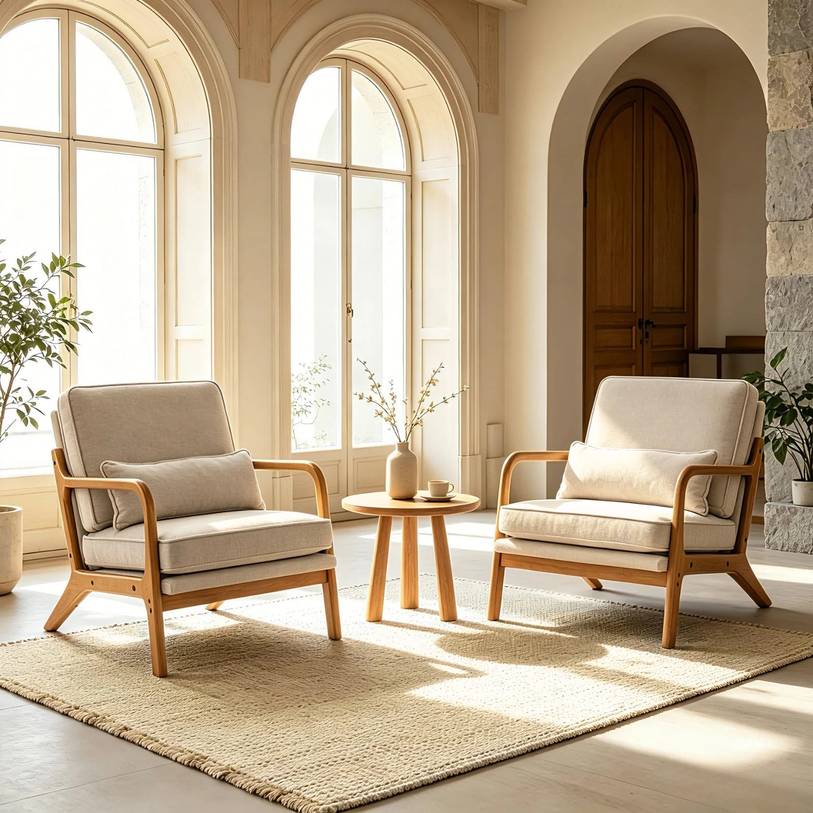 Two reading chairs share one side table: about 18 inches from each seat to the table edge.