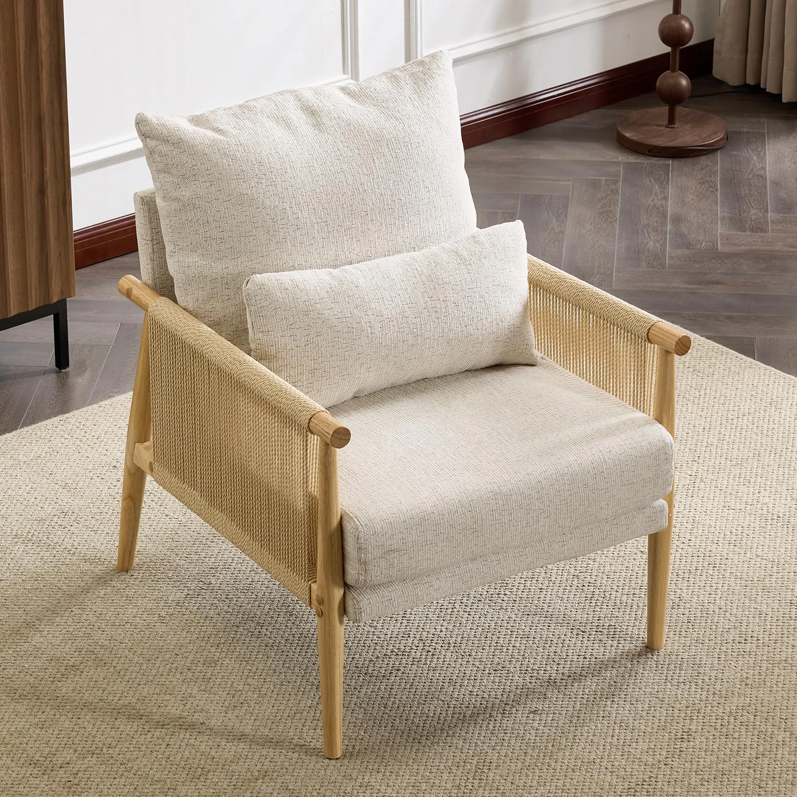 Karl Home Chenille Lounge Chair with Rattan Arms in a room
