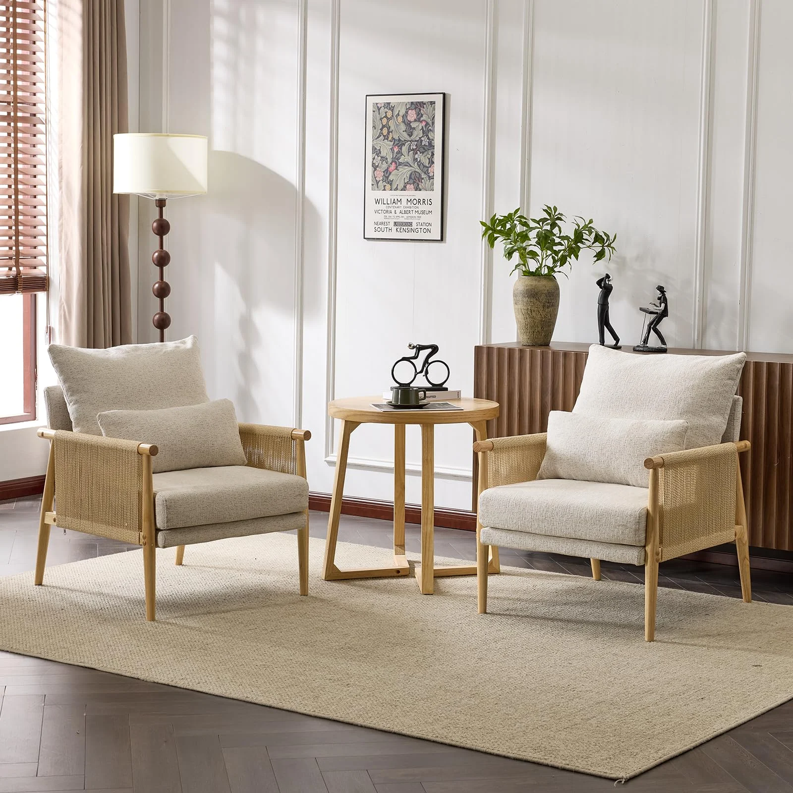 Two reading chairs with rattan arms by a window: most of our chairs come in several colors, each photographed on its own.