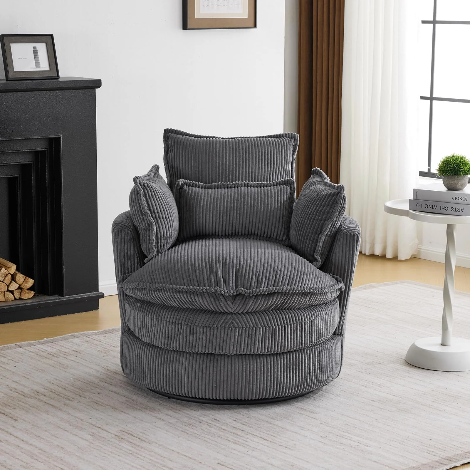 Karl Home Corduroy Swivel Barrel Chair in a room