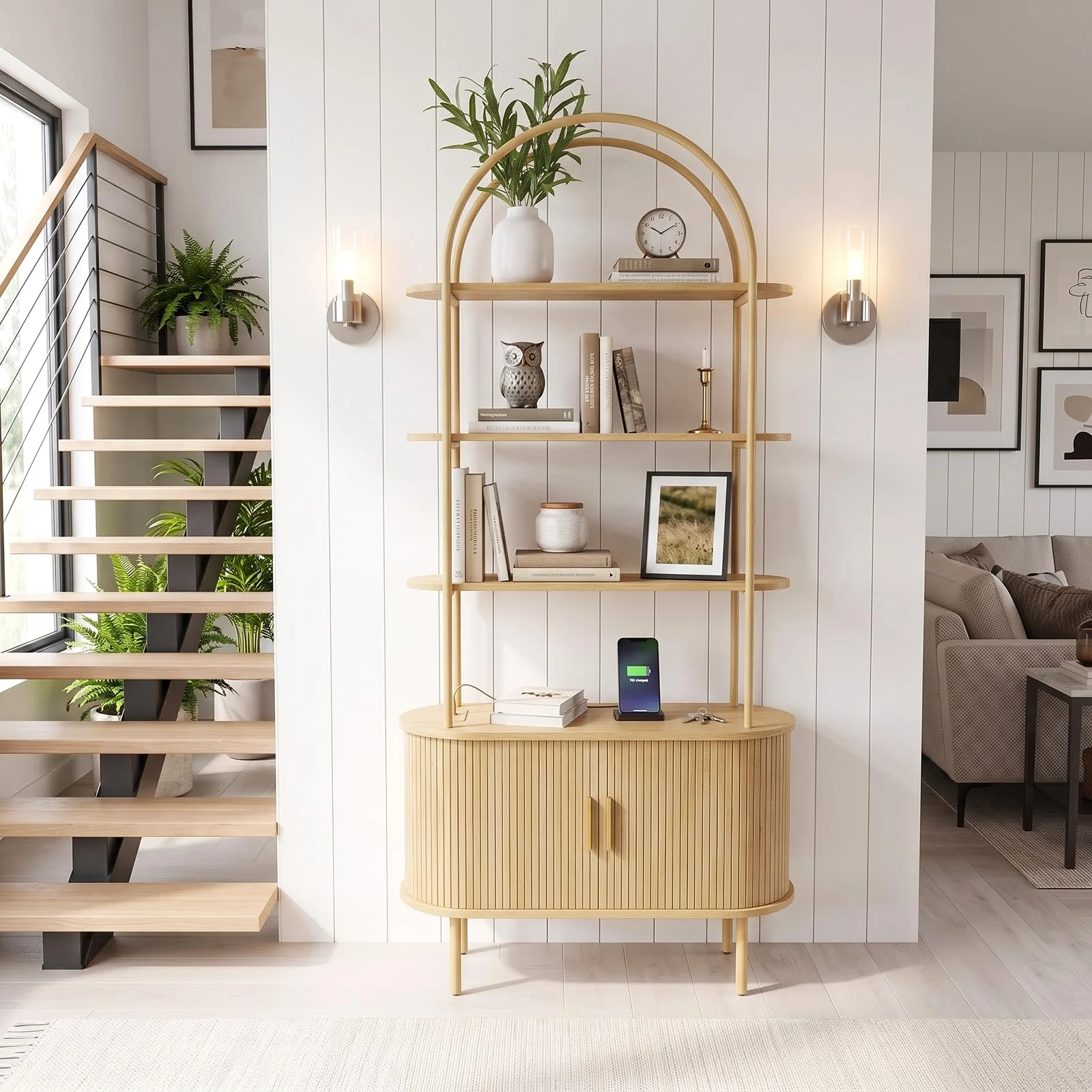 Karl Home Arched Bookshelf with Cabinet, 71 Inch in a room