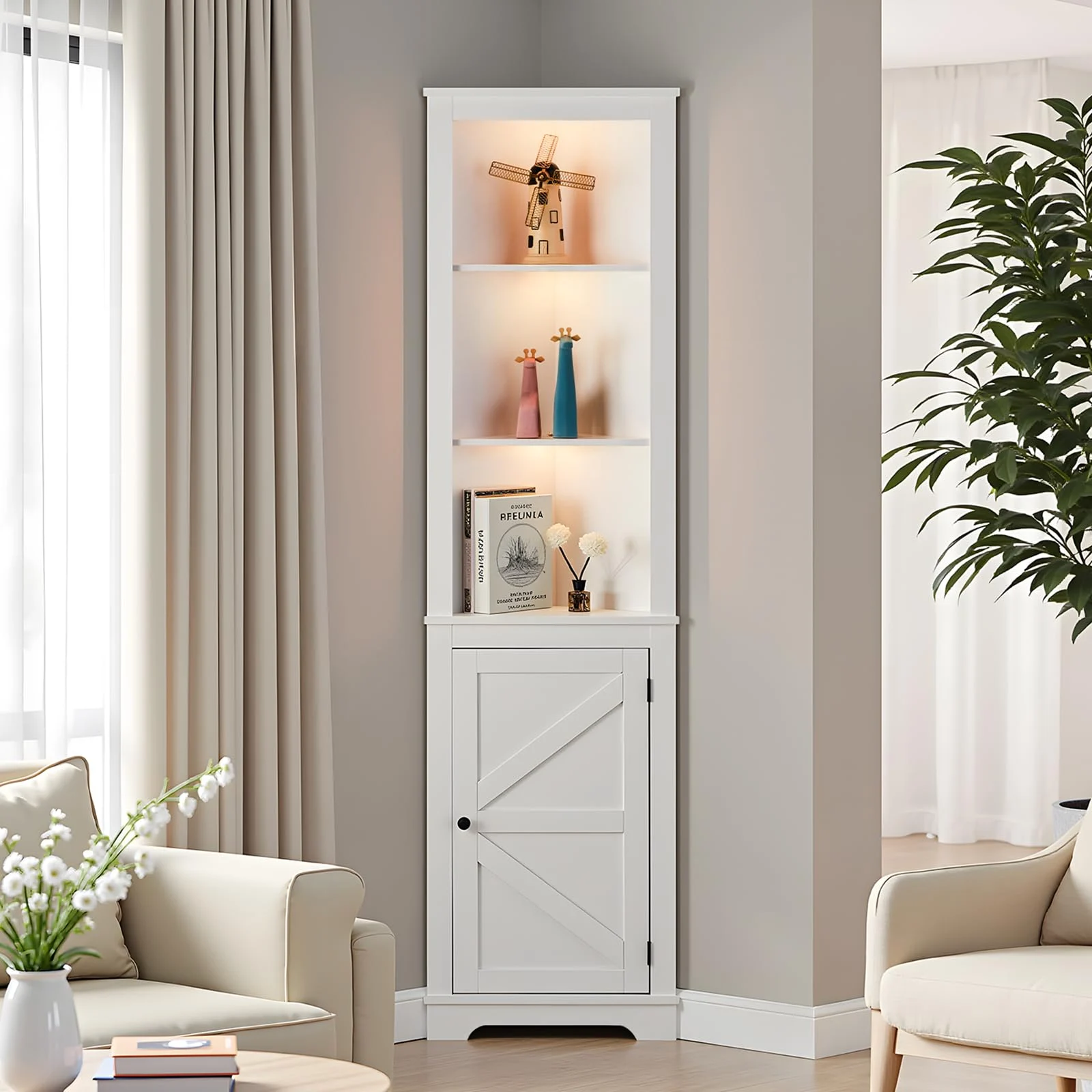 Karl Home Corner Shelf with LED Light in a room