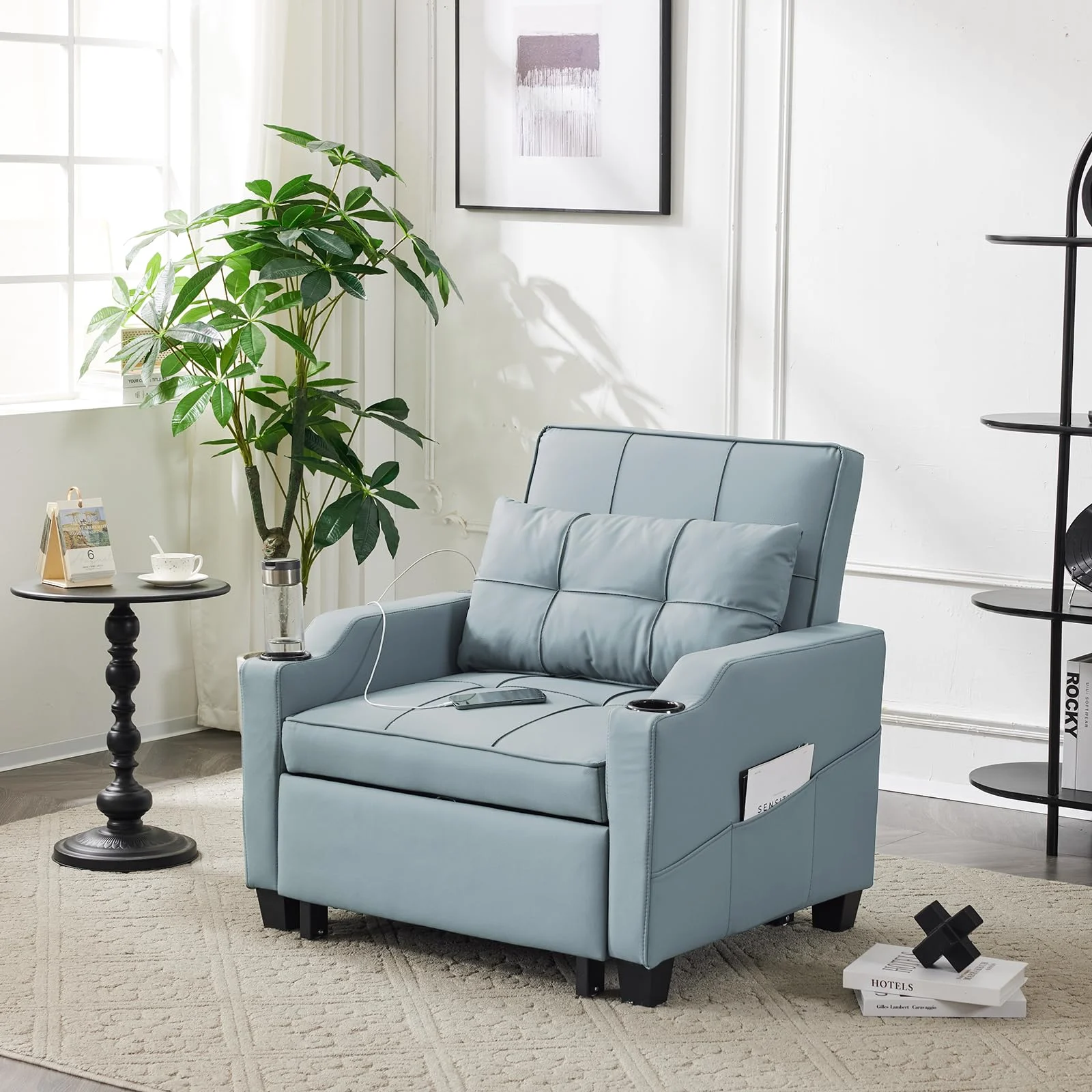 Karl Home Three-in-One Sleeper Chair in Gray Blue in a room