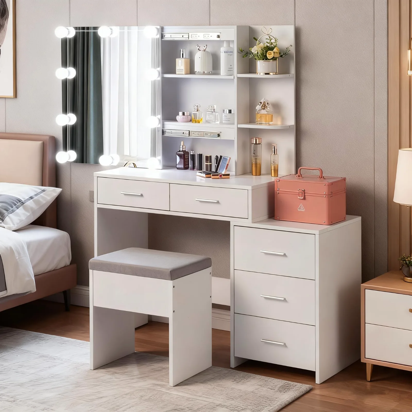 Karl Home Lighted Vanity Desk with Sliding Mirror in a room