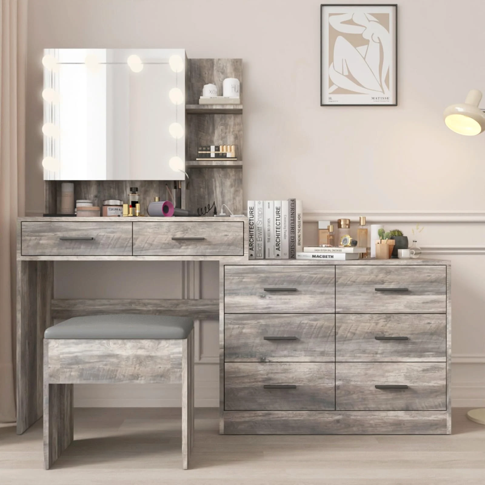 Karl Home Eight-Drawer Makeup Vanity with Three Light Modes in a room