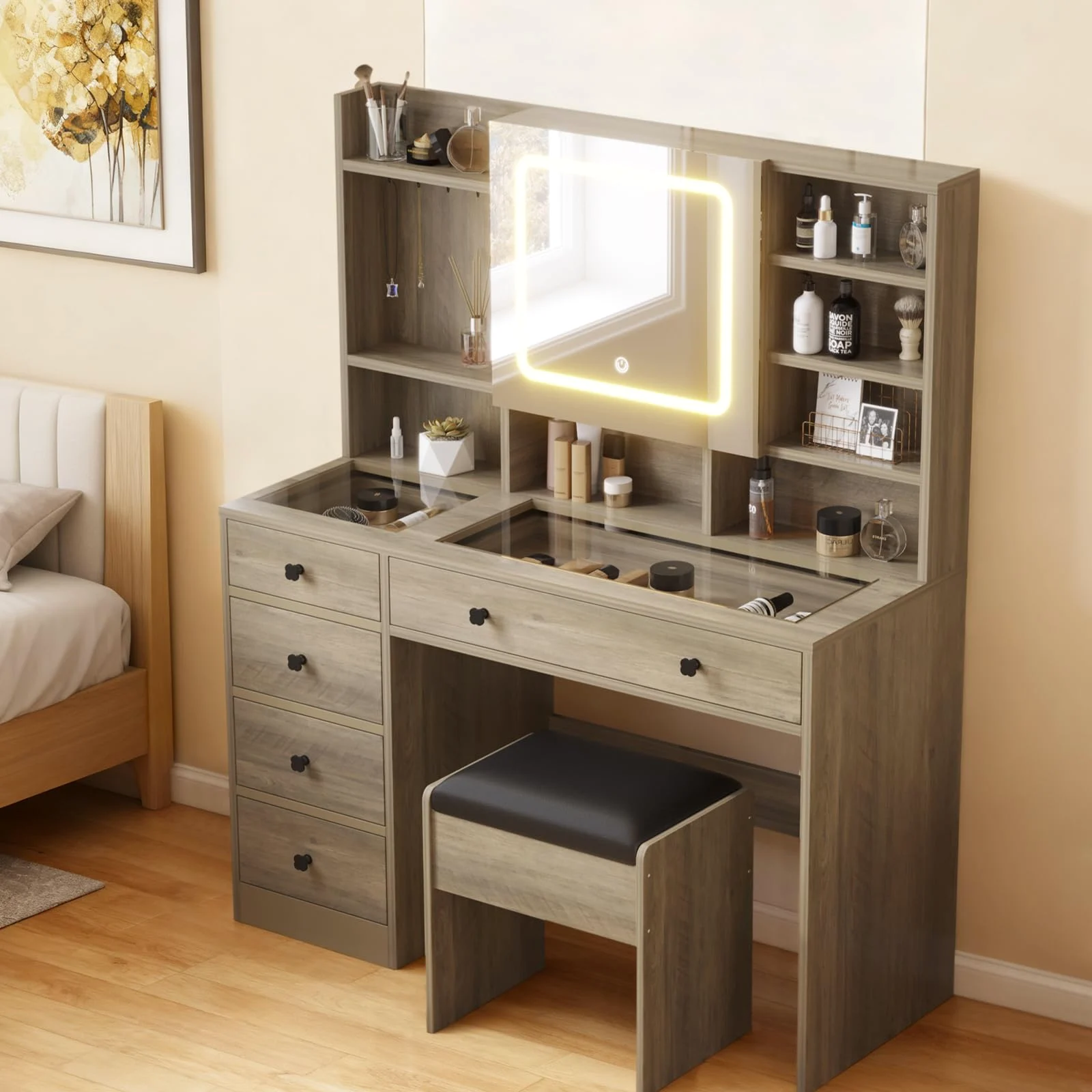Karl Home Large Makeup Vanity with Glass Top and Charging Station in a room