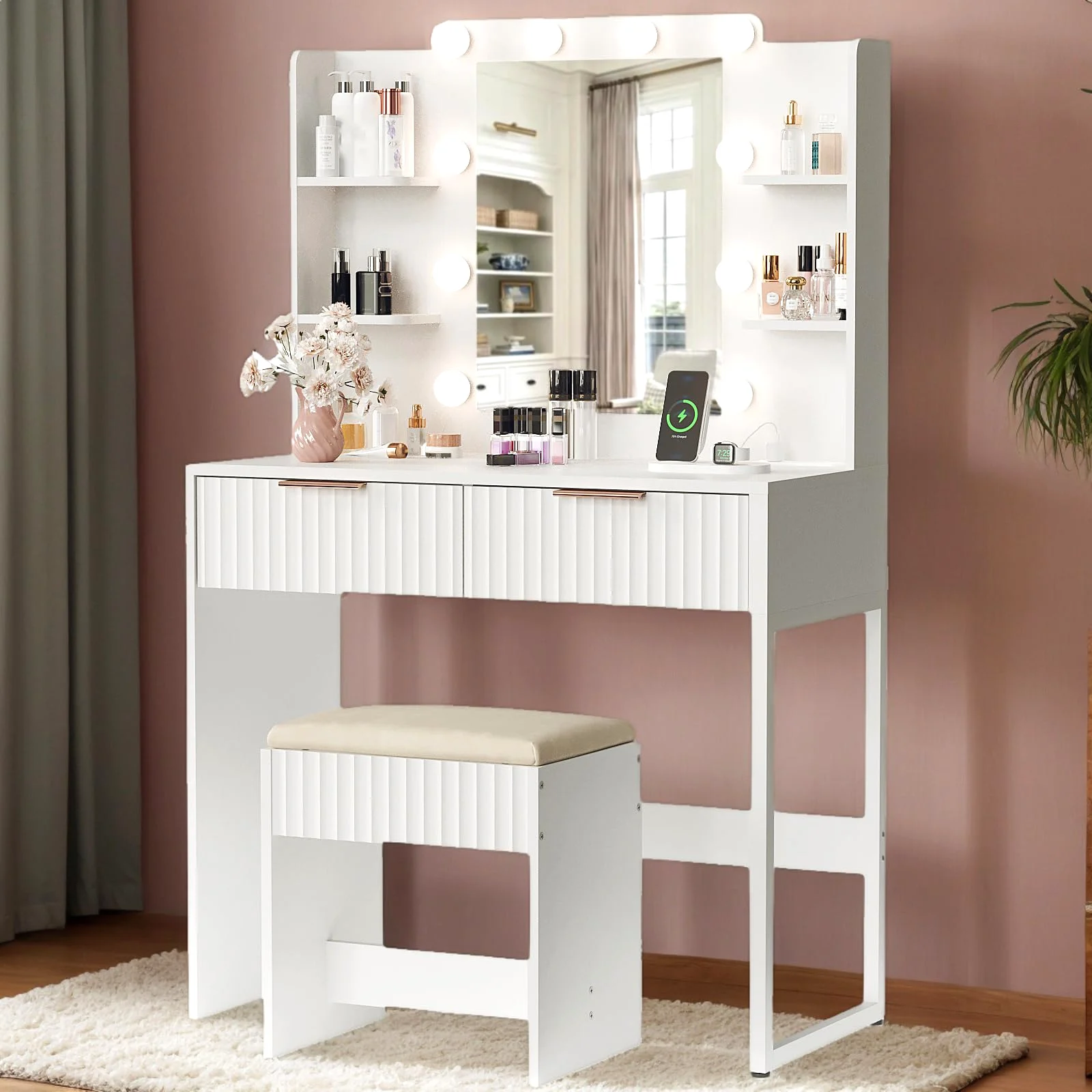 Karl Home Fluted Makeup Vanity with Lighted Mirror in a room
