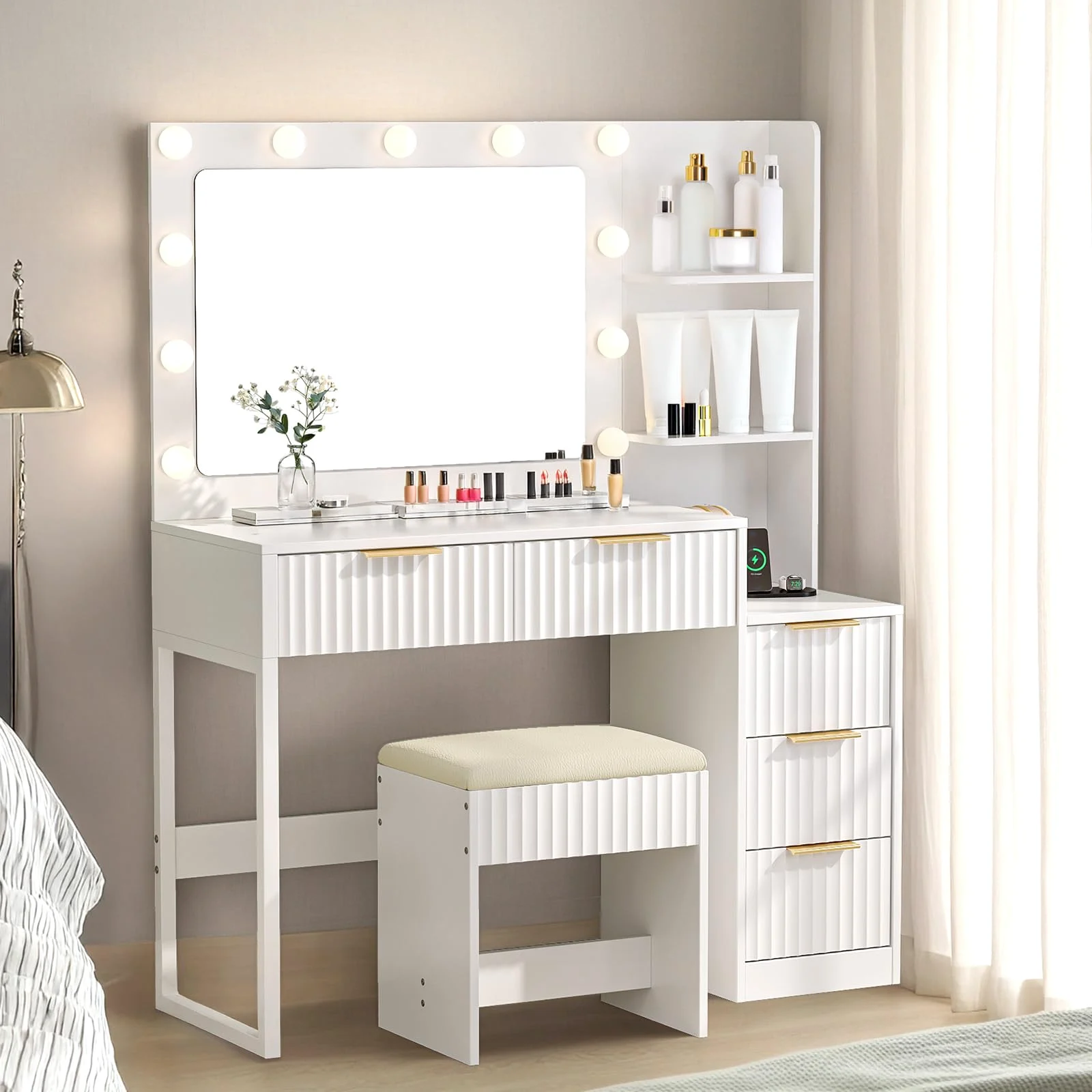 Karl Home Fluted Vanity Desk with Five Drawers in a room