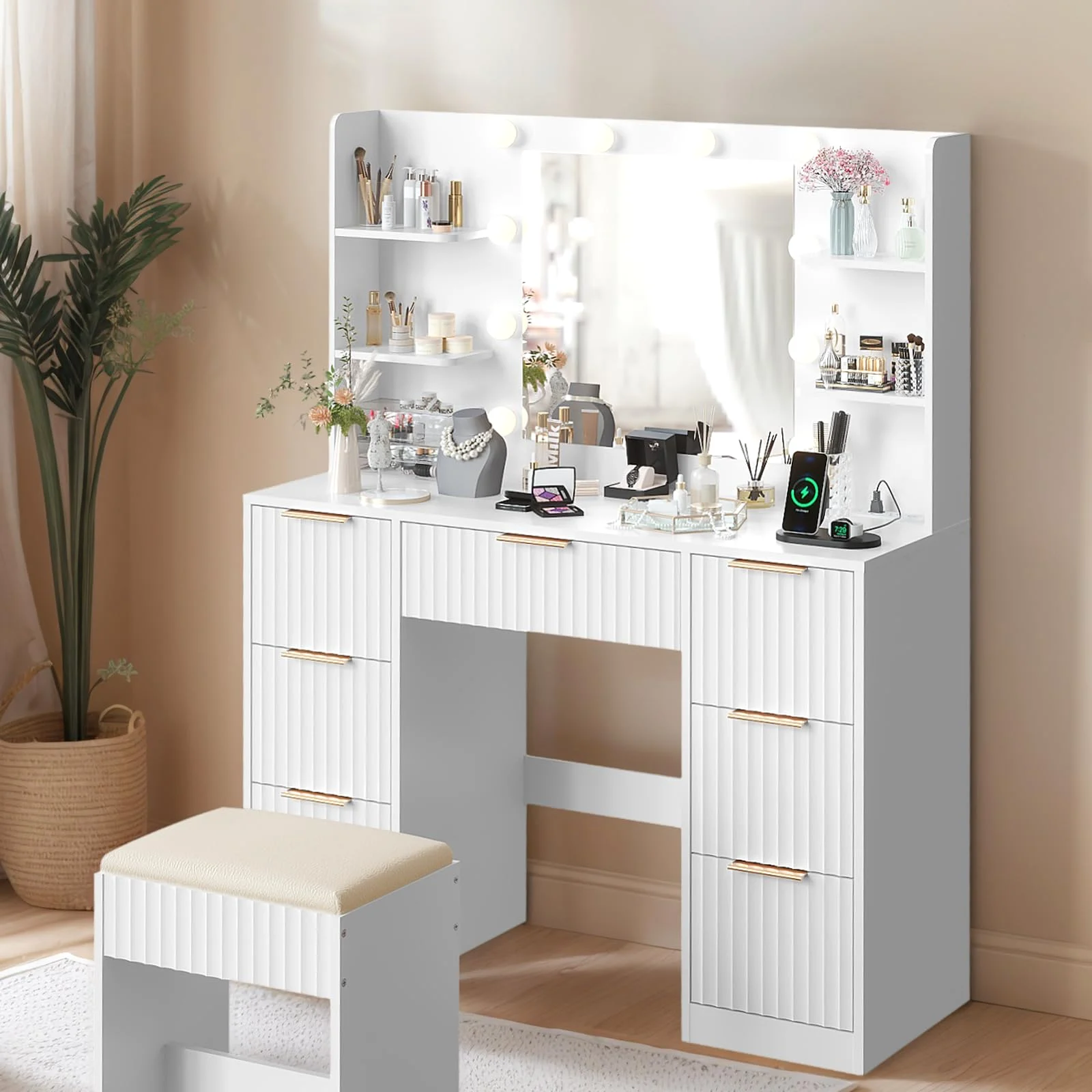 Karl Home Fluted Vanity Desk with Seven Drawers and Charging Station in a room